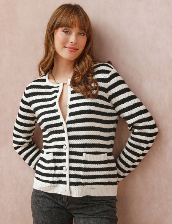 Cardigan rayé maille fantaisie (écru / noir) Cardigan rayé maille fantaisie (écru / noir)